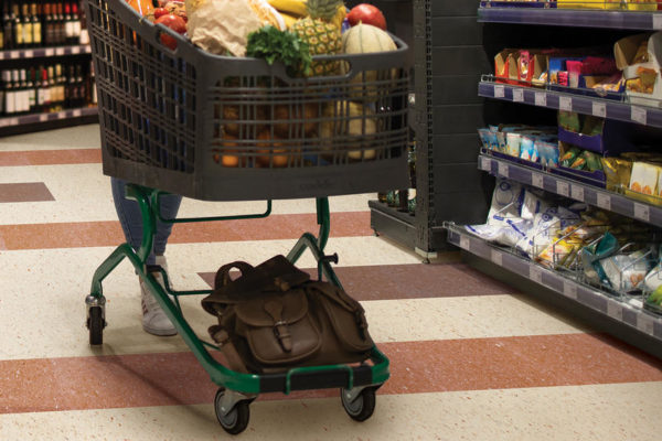 Woman pushing shopping cart between shelves in supermarket. Buying products in grocery store.